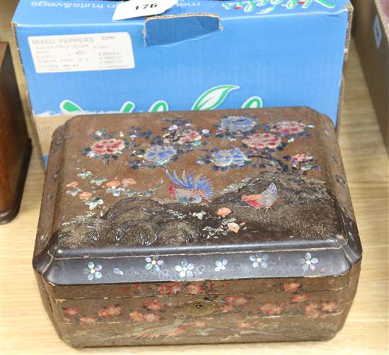 Oriental wood stands and a Japanese lacquer box